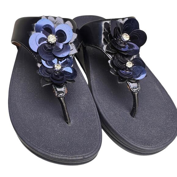 FitFlop Lulu Wildflower Navy Sequin Thong Sandals Shoes Women US Sz 6 Comfort EC - Picture 2 of 16